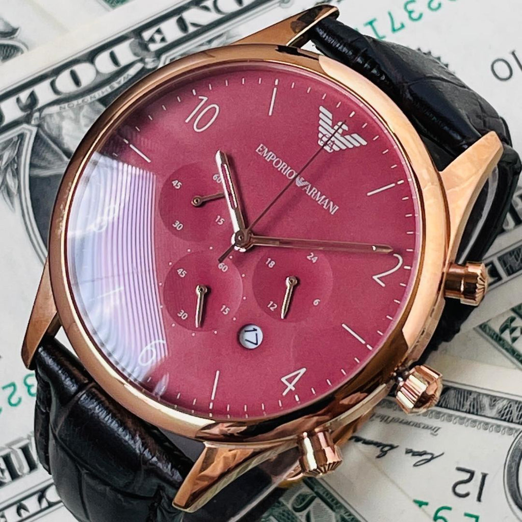 Emporio Armani Classic Chronograph Burgundy Dial Brown Leather