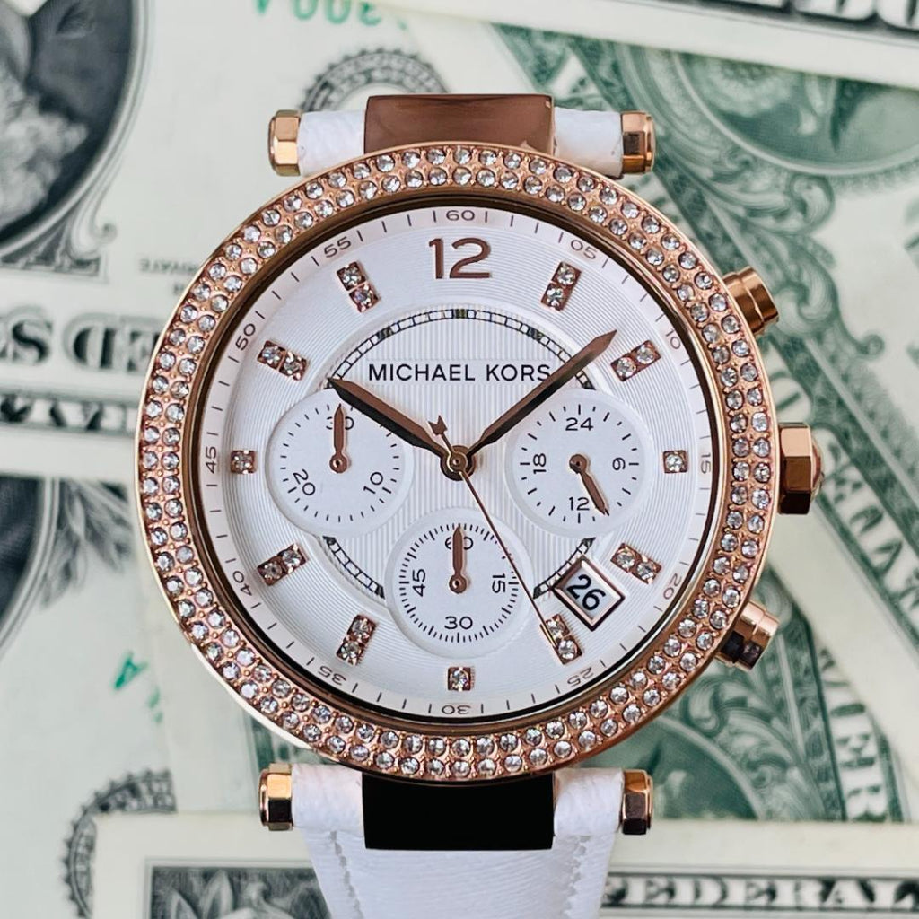 Michael Kors Parker White Diamonds Dial White Leather Strap 