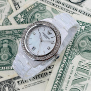 Emporio Armani Ceramica White Mother of Pearl Dial Stainless Steel Strap Watch For Women - AR1426