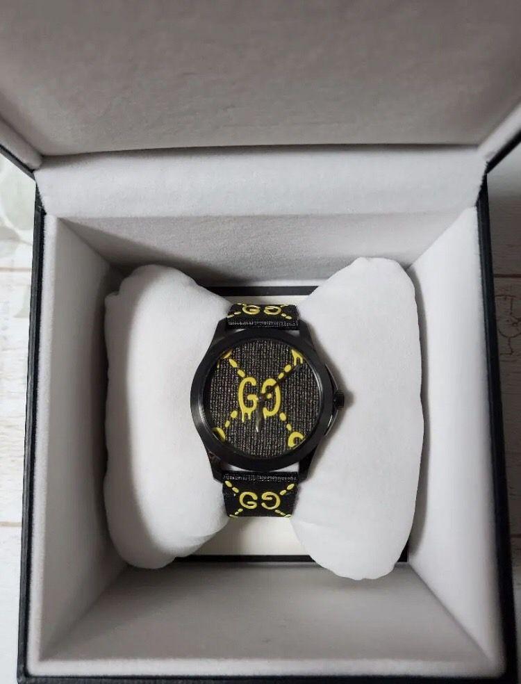 Gucci G Timeless Ghost Black Dial Black Leather Strap Watch For Men