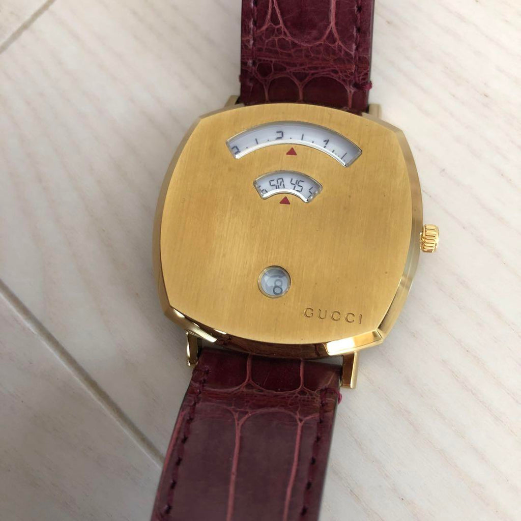 Gucci Grip Quartz Yellow Gold Dial Maroon Leather Strap Watch For