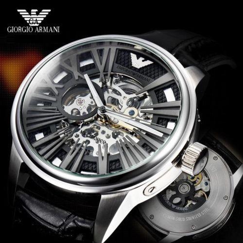 エンポリオアルマーニAR4629 Emporio Armani Meccanico Automatic Black Dial Leather Strap Watch