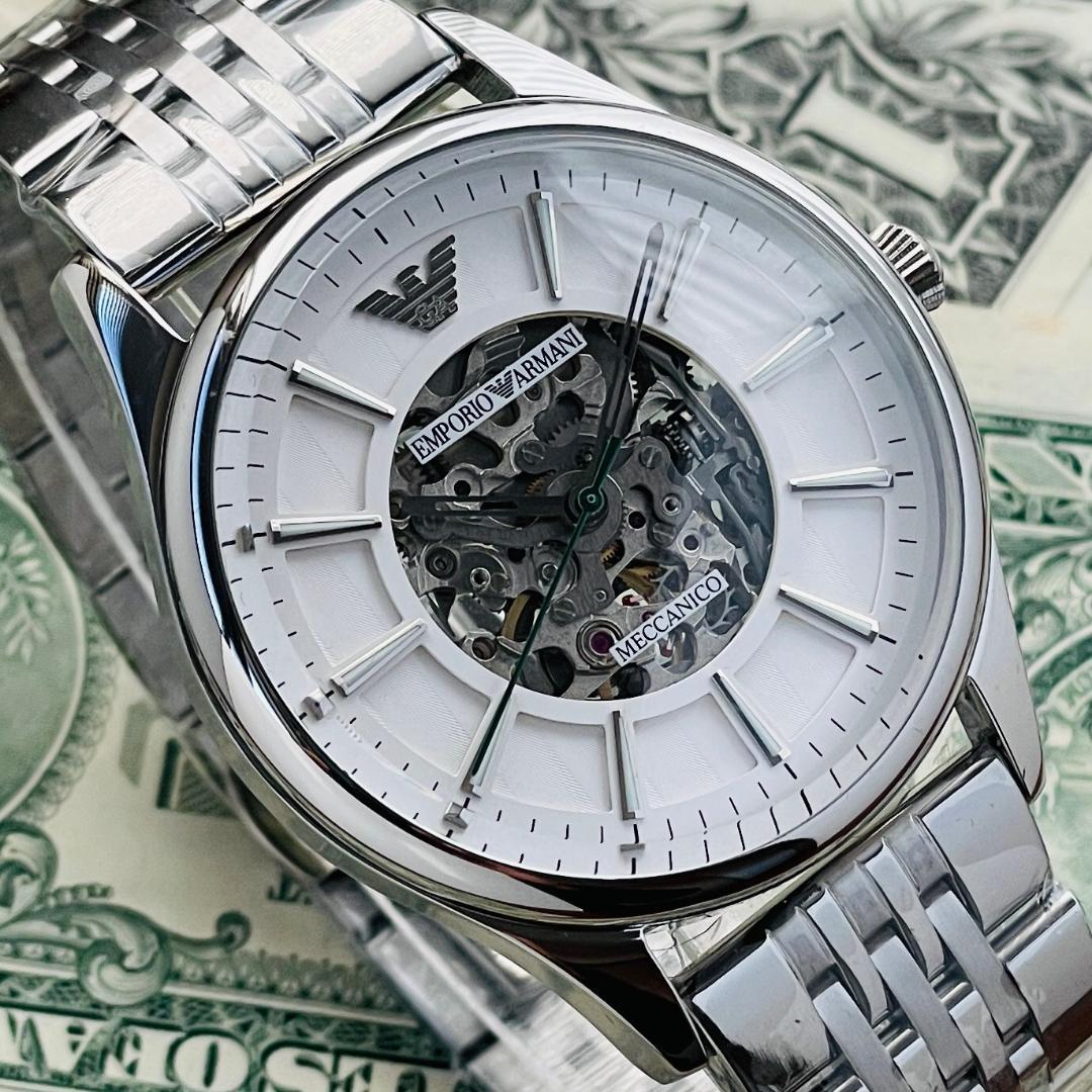 EMPORIO ARMANI AR1945 中古稼働品 Emporio Armani Meccanico Skeleton Silver Dial Silver Steel Strap Watch