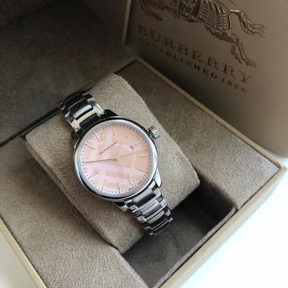 Burberry The Classic Pink Dial Silver Steel Strap Watch for Women
