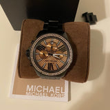 Michael Kors Wren Chronograph Gold Diamonds Dial Black Steel Strap Watch for Women - MK5879