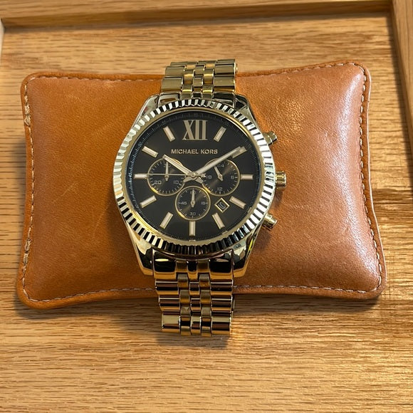 Michael Kors Lexington Chronograph Black Dial Gold Steel Strap Watch for Men