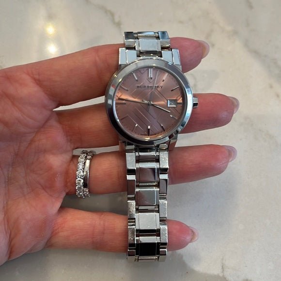 Burberry The City Diamonds Pink Dial Silver Steel Strap Watch for