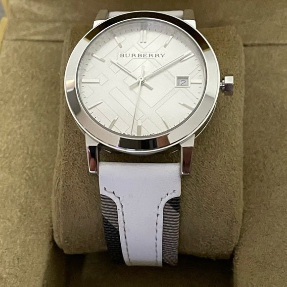 Burberry The City Silver Dial White Leather Strap Watch for Women