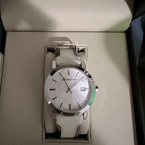 Burberry The City Silver Dial White Leather Strap Watch for Women
