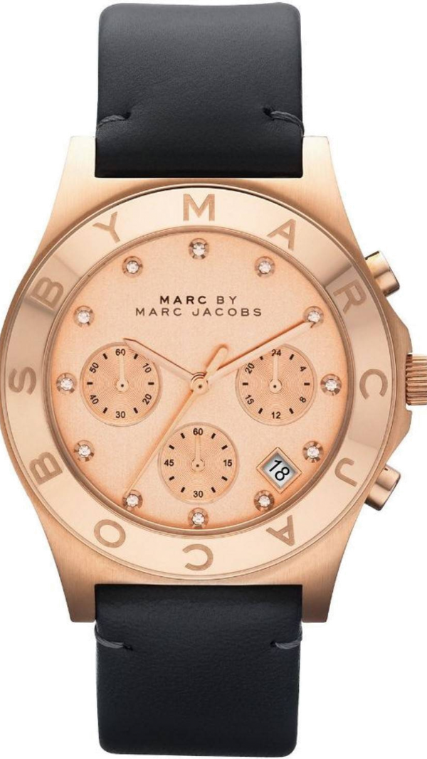 Marc Jacobs Blade Chronograph Rose Gold Dial Black Leather Strap Watch for Women - MBM1188