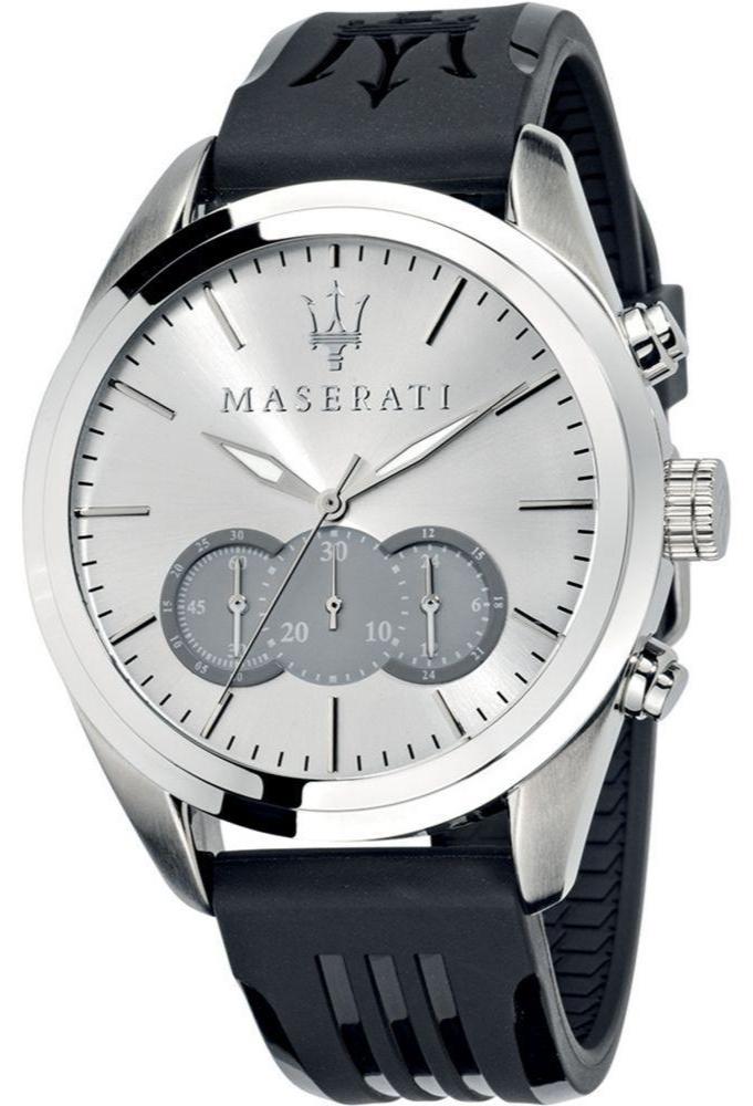 Maserati Traguardo Chronograph Silver Dial Black Rubber Strap