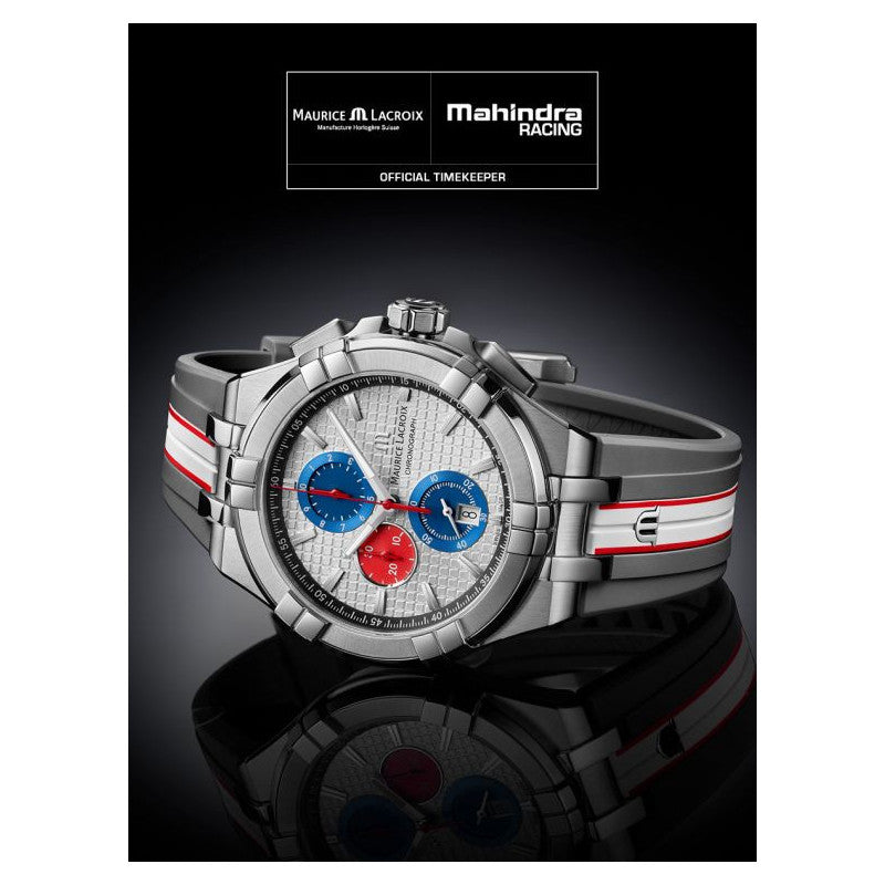 Maurice Lacroix Aikon Chronograph for Men Silver Watch Dial Special Mahindra Strap Rubber Grey Edition Racing