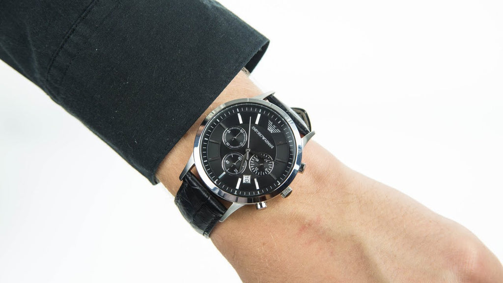 Emporio Armani Renato Chronograph Black Dial Black Leather Strap