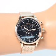 Hugo Boss Companion Chronograph Black Dial Rose Gold Mesh Strap Watch For Men - 1513548