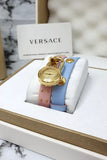 Versace Medusa Lock Icon Quartz Gold Dial Pink & Blue Leather Strap Watch For Women - VEDW00219