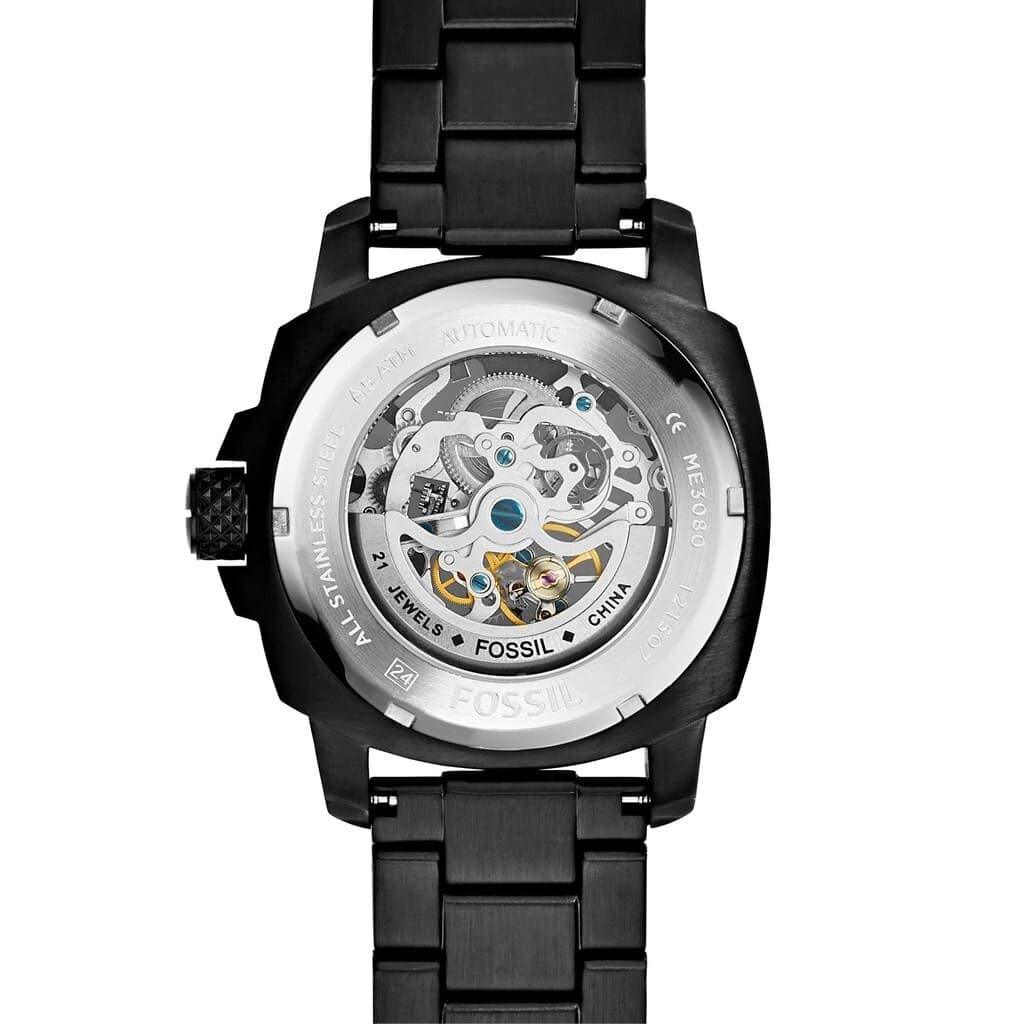 Fossil Modern Machine Automatic Silver Dial Black Steel Strap Watch fo