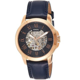 Fossil Grant Automatic Skeleton Navy Blue Dial Navy Blue Leather Strap Watch for Men - ME3102