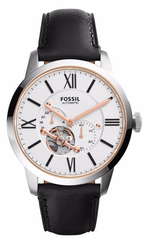 Fossil Townsman Automatic White Dial Black Leather Strap Watch for Men - ME3104