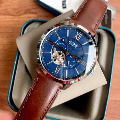 Men Leather for Townsman Dial Strap Fossil Blue Automatic Brown Watch