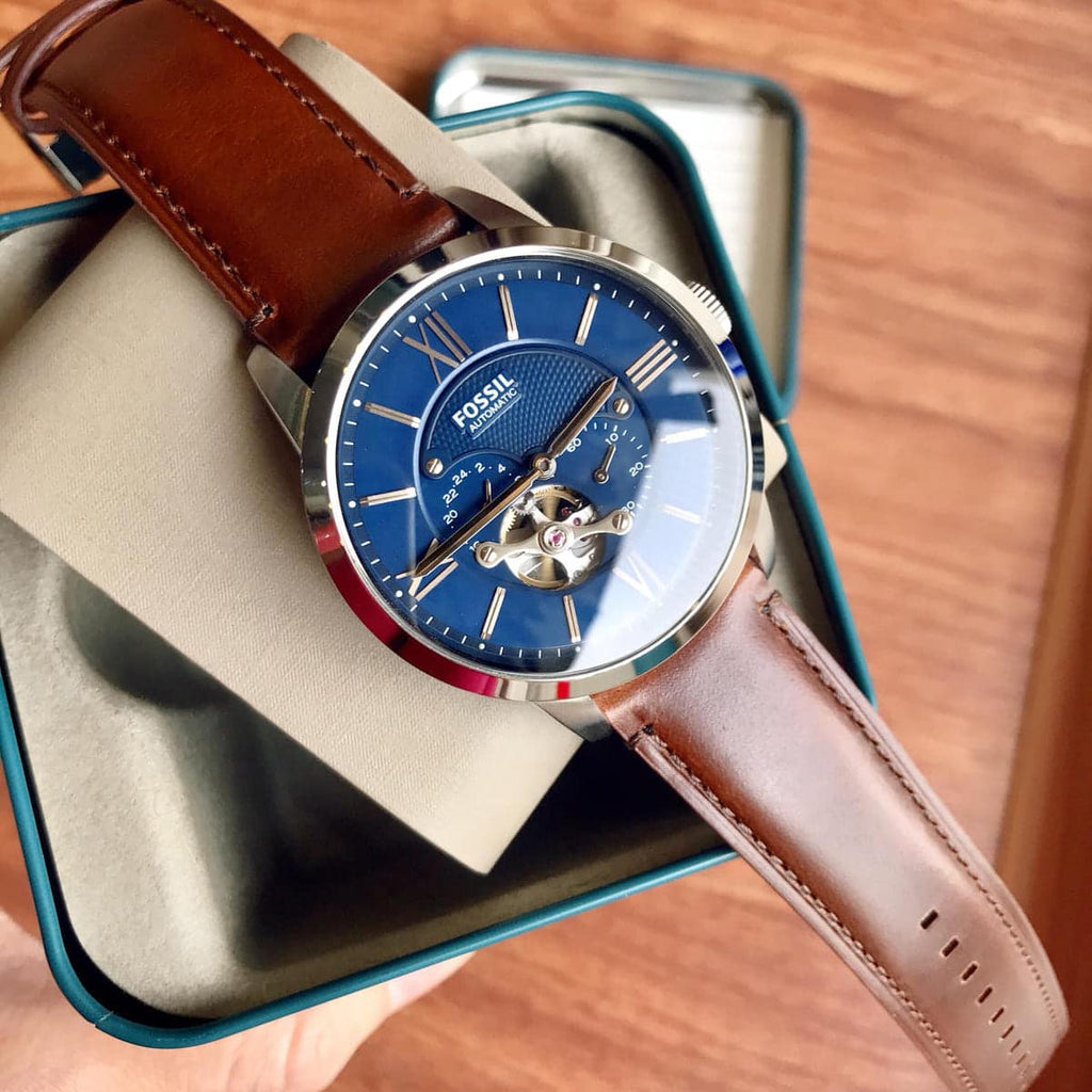 Strap Dial Men Townsman Automatic Brown Leather Fossil Blue Watch for