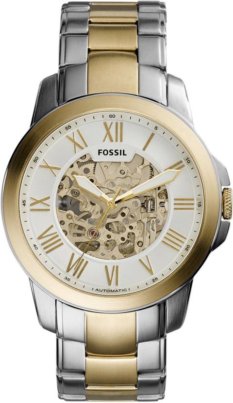 Fossil Grant Automatic Skeleton White Dial Two Tone Steel Strap