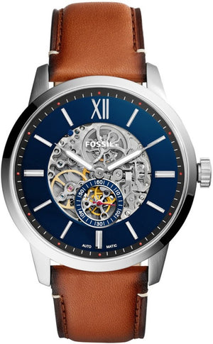 Fossil Townsman Automatic Skeleton Blue Dial Brown Leather Strap Watch for Men - ME3154