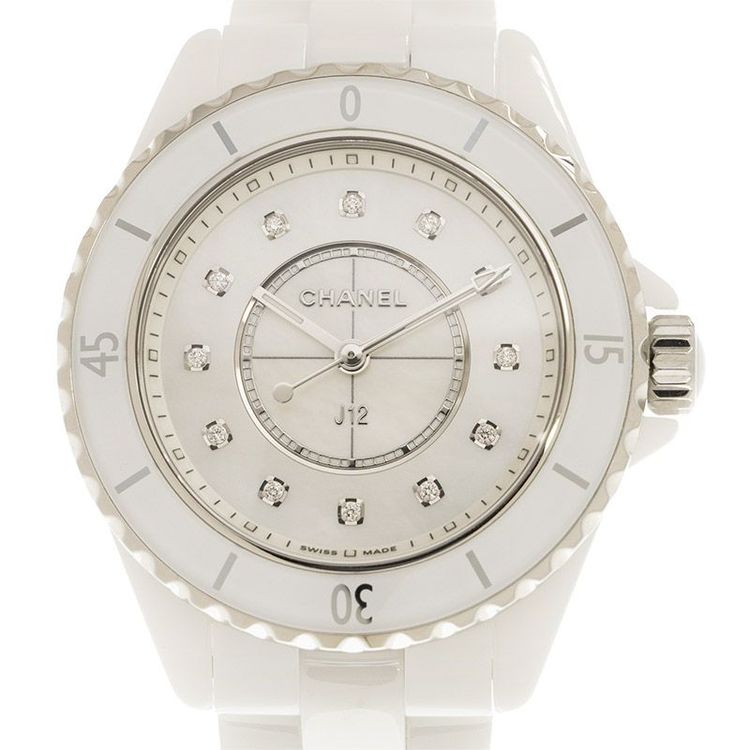 Chanel J12 White Ceramic Ladies Midsize Diamond Watch H1628