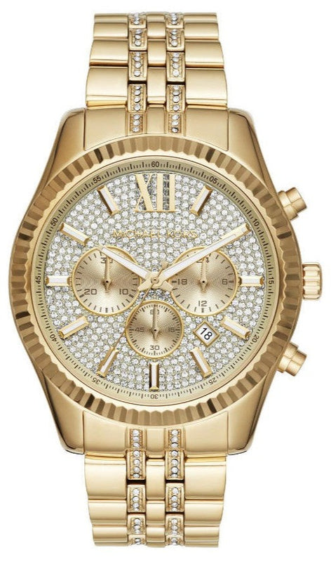 Michael Kors Lexington Chronograph Gold Dial Gold Steel Strap Watch For Men