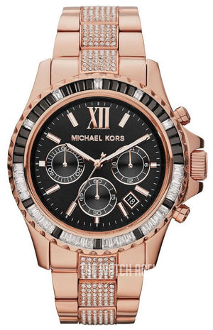 Michael Kors Everest Chronograph Black Dial Rose Gold Steel Strap Watch For Women - MK5875