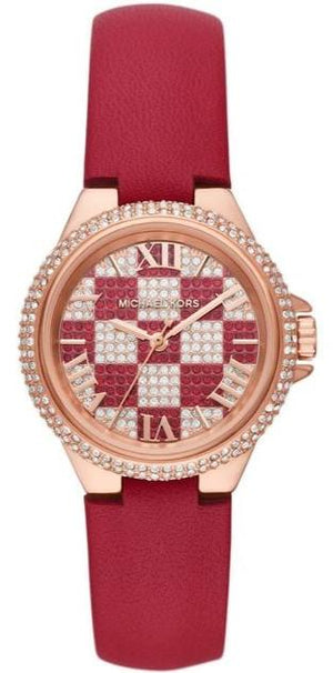 Michael Kors Camille Three Hand Crystals Rose Gold Dial Red Leather Strap Watch For Women - MK4701