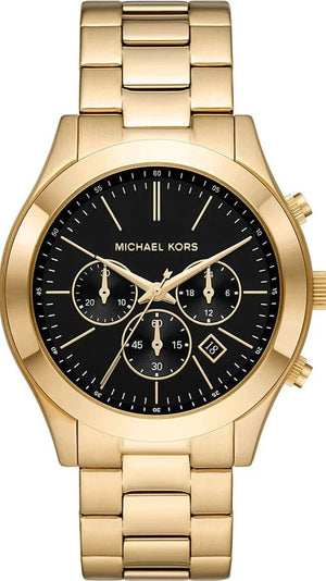 Michael Kors Slim Runway Chronograph Black Dial Gold Steel Strap Watch For Men - MK1076