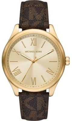 Michael Kors Benning Three Hand Gold Dial Brown Leather Strap Watch For Men - MK8931