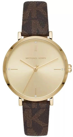 Michael Kors Jayne Three Hand Gold Dial Brown Leather Strap Watch For Women - MK7129