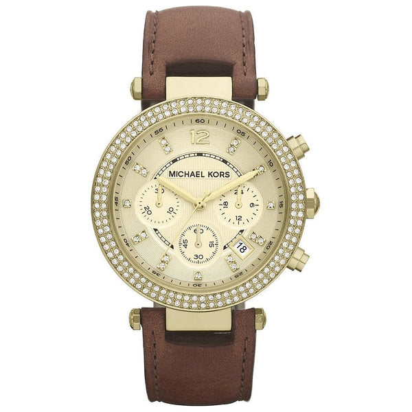 Michael Kors Parker Champagne Gold Dial Brown Leather Strap Watch