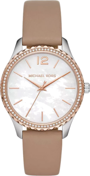 Michael Kors Layton Mother of Pearl White Dial Brown Leather Strap Watch For Women - MK2910