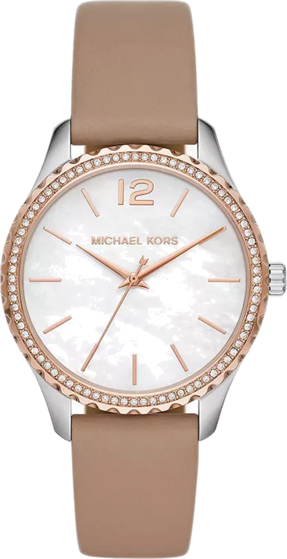 Michael Kors Layton Mother of Pearl White Dial Brown Leather Strap Watch For Women - MK2910