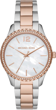 Michael Kors Layton Three Hand Mother of Pearl White Dial Two Tone Steel Strap Watch For Women - MK6849