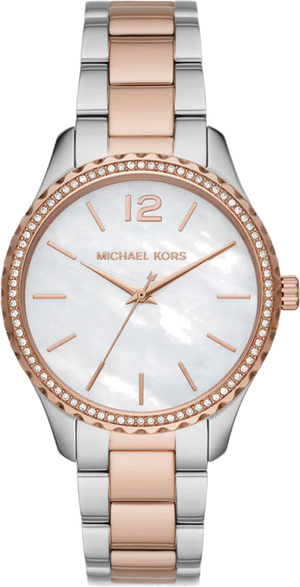 Michael Kors Layton Three Hand Mother of Pearl White Dial Two Tone Steel Strap Watch For Women - MK6849