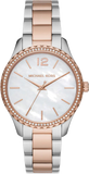 Michael Kors Layton Three Hand Mother of Pearl White Dial Two Tone Steel Strap Watch For Women - MK6849