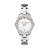 Michael Kors Liliane Three Hand Mother of Pearl White Dial Silver Steel Strap Watch For Women - MK4556