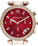 Michael Kors Parker Chronograph Red Dial Rose Gold Steel Strap Watch For Women - MK6106