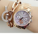 Michael Kors Runway Chronograph Purple Dial Rose Gold Steel Strap Watch For Women - MK6163