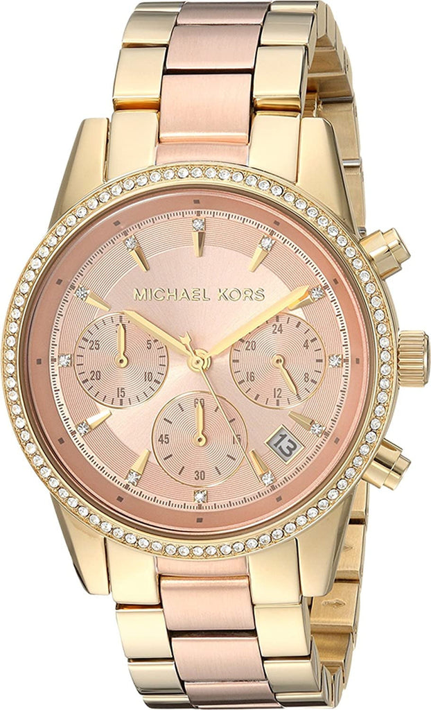 Michael Kors Ritz Chronograph Rose Dial Two Tone Steel Strap Watch for Women - MK6475