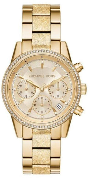 Michael Kors Ritz Chronograph Gold Dial Gold Steel Strap Watch For Women - MK6597