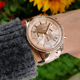 Michael Kors Ritz Chronograph Rose Gold Dial Rose Gold Steel Strap Watch For Women - MK6598