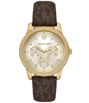 Michael Kors Tibby Multifunction Gold Dial Brown Leather Strap Watch For Women - MK6966
