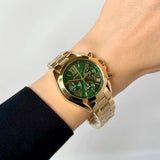 Michael Kors Bradshaw Chronograph Green Dial Gold Steel Strap Watch For Women - MK7257