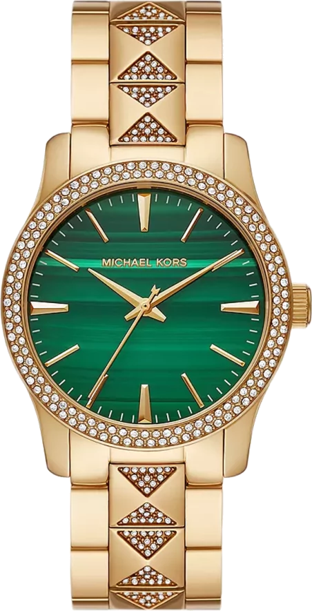 Michael Kors Runway Three Hand Green Dial Gold Steel Strap Watch For Women