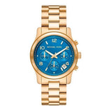 Michael Kors Runway Chronograph Blue Dial Gold Steel Strap Watch For Women - MK7353