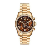 Michael Kors Lexington Chronograph Brown Dial Gold Steel Strap Watch For Women - MK7276